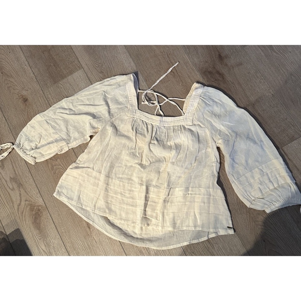 O'Neill Ivory Cotton Square Neck Peasant Balloon Sleeve Tie Blouse M - Picture 2 of 6